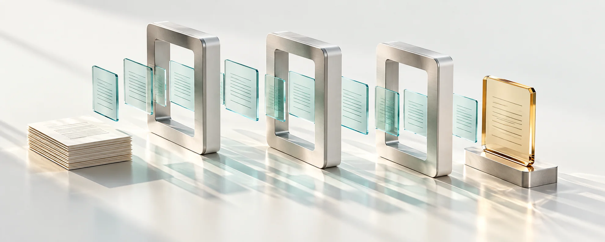 Glass evidence cards pass through sculpted control frames toward an amber human-review station.